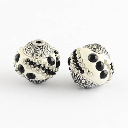 Handmade Indonesia Beads - with Jet Rhinestones and Alloy Cores - Round - Antique Silver - White - 14~16x14~16mm - Hole: 15mm