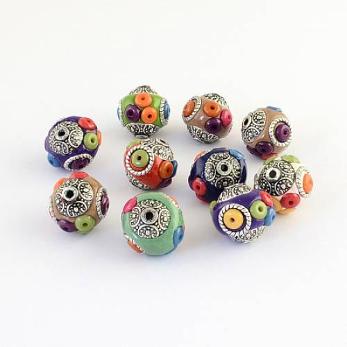 Handmade Indonesia Beads - with Resin Beads - Alloy Cores - Round - Antique Silver - Mixed Color - 14~15x14~16mm - Hole: 15~2mm