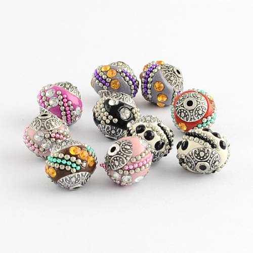 Handmade Indonesia Beads - with Rhinestones and Alloy Cores - Round - Antique Silver - Mixed Color - 14~16x14~16mm - Hole: 15mm
