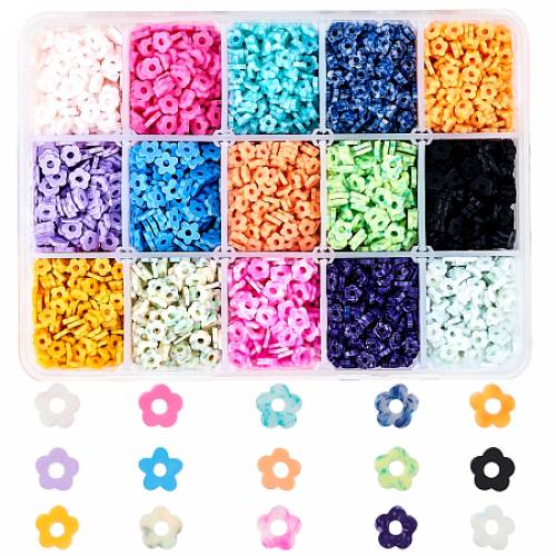 Handmade Polymer Clay Bead Strands - Flower - Mixed Color - 4~6x4~6x1~15mm - Hole: 2mm; 15colors - about 430pcs/color - 6450pcs/box