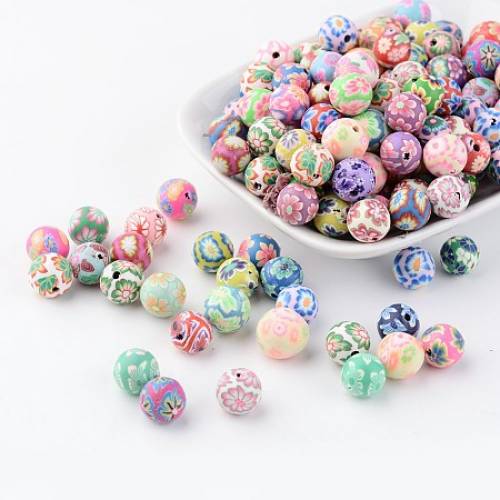 Handmade Polymer Clay Beads - Round - Mixed Color - about 10mm in diameter - hole: 2mm