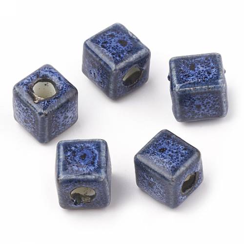Handmade Porcelain Beads - Fancy Antique Glazed Style - Cube - Dark Blue - 95~10x95~10x95~10mm - Hole: 4mm