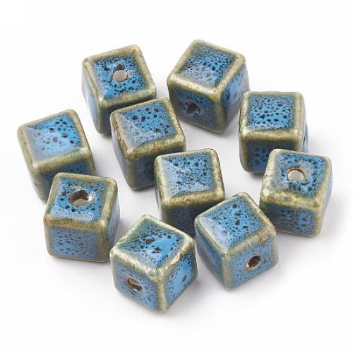 Handmade Porcelain Beads - Fancy Antique Glazed Style - Cube - Deep Sky Blue - 12x12x12mm - Hole: 25mm