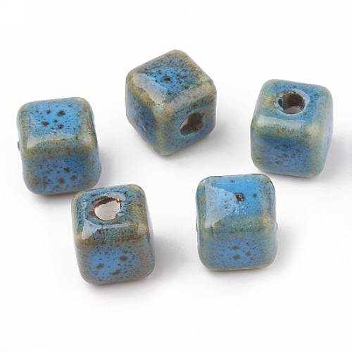 Handmade Porcelain Beads - Fancy Antique Glazed Style - Cube - Deep Sky Blue - 85x85x85mm - Hole: 25~3mm