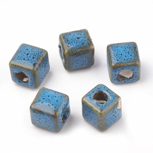 Handmade Porcelain Beads - Fancy Antique Glazed Style - Cube - Deep Sky Blue - 95~10x95~10x95~10mm - Hole: 4mm