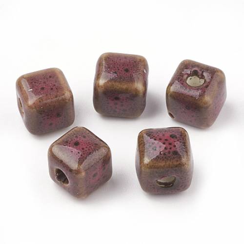 Handmade Porcelain Beads - Fancy Antique Glazed Style - Cube - Indian Red - 85x85x85mm - Hole: 25~3mm