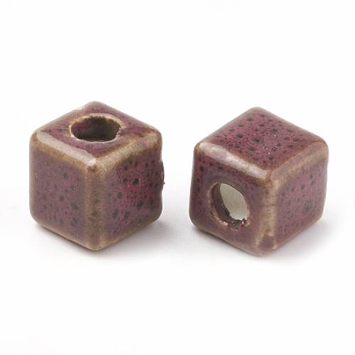 Handmade Porcelain Beads - Fancy Antique Glazed Style - Cube - Indian Red - 95~10x95~10x95~10mm - Hole: 4mm