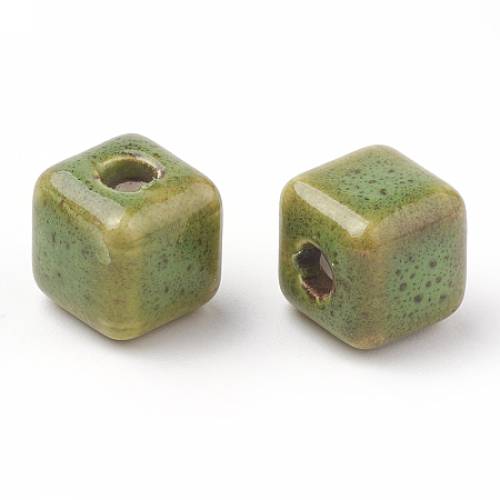 Handmade Porcelain Beads - Fancy Antique Glazed Style - Cube - Lime Green - 85x85x85mm - Hole: 25~3mm