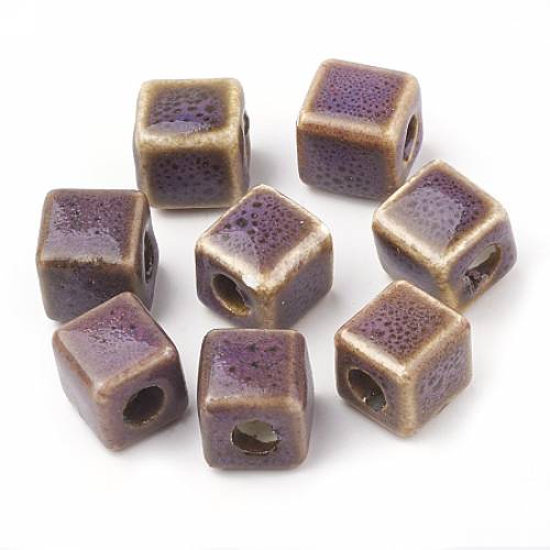 Handmade Porcelain Beads - Fancy Antique Glazed Style - Cube - Purple - 95~10x95~10x95~10mm - Hole: 4mm
