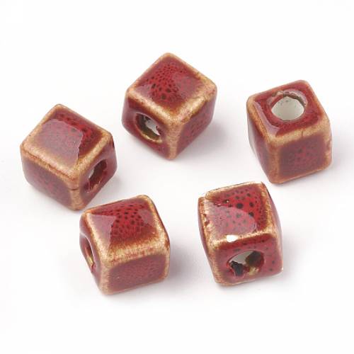 Handmade Porcelain Beads - Fancy Antique Glazed Style - Cube - Red - 95~10x95~10x95~10mm - Hole: 4mm