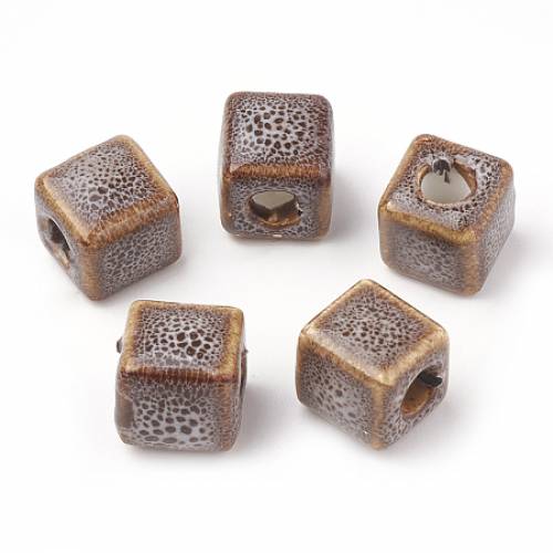 Handmade Porcelain Beads - Fancy Antique Glazed Style - Cube - Saddle Brown - 95~10x95~10x95~10mm - Hole: 4mm