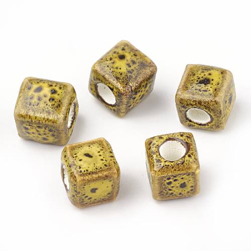 Handmade Porcelain Beads - Fancy Antique Glazed Style - Cube - Yellow - 95~10x95~10x95~10mm - Hole: 4mm