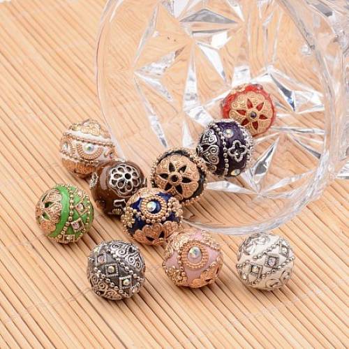 NBEADS 10 Pcs Handmade Indonesia Bead Sets - Round - with Alloy Findings - Mixed Color - 19~20mm - Hole: 2mm