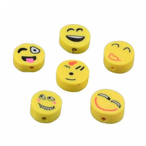 NBEADS 1000 Pcs Flat Round Handmade Smile Face Polymer Clay Beads - Yellow - 9~10x4~5mm - Hole: 15mm
