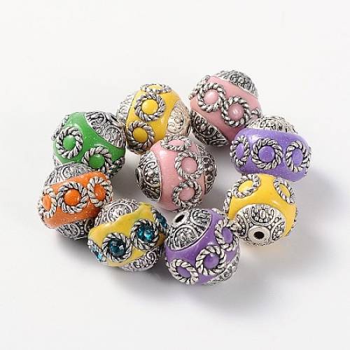 Round Handmade Indonesia Beads - with Alloy Cores - Antique Silver - Mixed Color - 14~15x15mm - Hole: 15mm