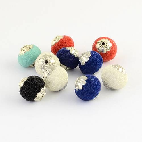 Round Handmade Indonesia Beads - with Alloy Cores - Mixed Color - 13~15x13~14mm - Hole: 15mm
