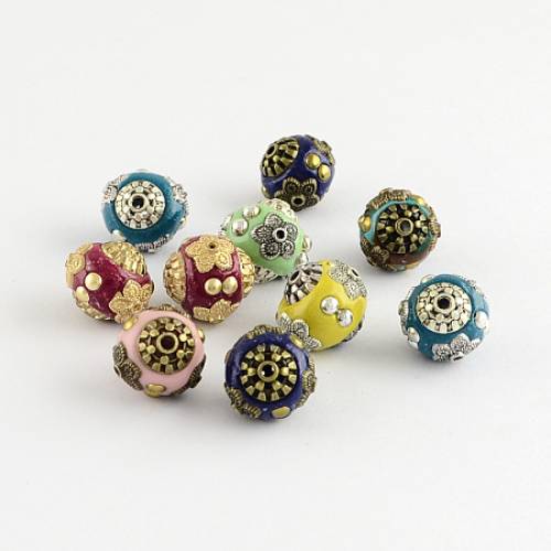 Round Handmade Indonesia Beads - with Alloy Cores - Mixed Color - 14x14mm - Hole: 15mm