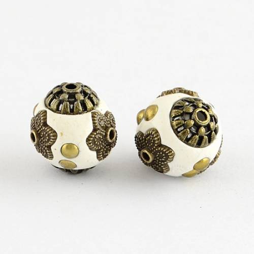 Round Handmade Indonesia Beads - with Antique Bronze Metal Color Alloy Cores - White - 14x14mm - Hole: 15mm