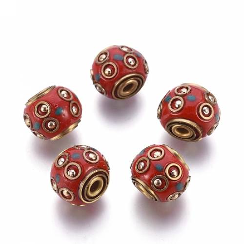 Round Handmade Indonesia Beads - with Brass Cores - Unplated - Red - 13x14mm - Hole: 3mm