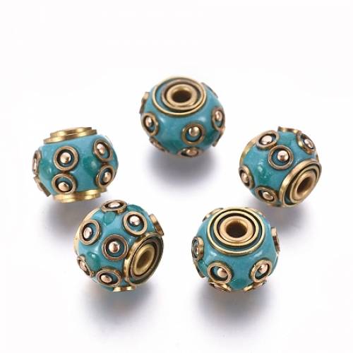 Round Handmade Indonesia Beads - with Brass Cores - Unplated - Turquoise - 13x14mm - Hole: 3mm