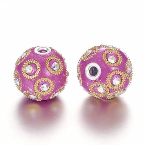 Round Handmade Indonesia Beads - with Rhinestones and Silver Plated Alloy Cores - Camellia - 23x21mm - Hole: 3mm