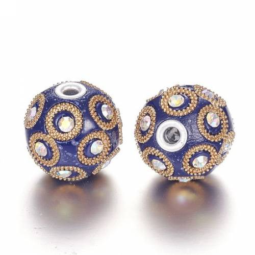 Round Handmade Indonesia Beads - with Rhinestones and Silver Plated Alloy Cores - Dark Blue - 23x21mm - Hole: 3mm