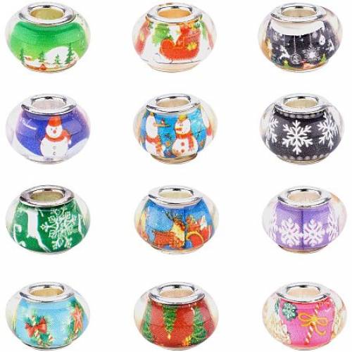 NBEADS About 144 Pcs Resin European Beads - 135mm 12 Colors Large Hole Beads with Brass Cores Rondelle Christmas Spacer Beads for Jewelry Making