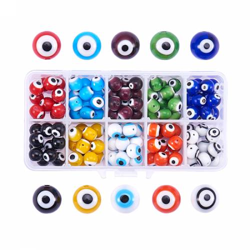 PandaHall Elite 10 Color 10mm Round Evil Eye Lampwork Beads Handmade Beads Assortment Lot for Jewelry Making - about 120pcs/box