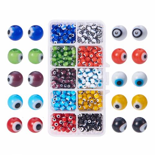 PandaHall Elite 10 Color 6mm Round Evil Eye Lampwork Beads Handmade Beads Assortment Lot for Jewelry Making - about 500pcs/box
