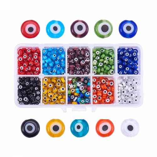 PandaHall Elite 10 Color 6x3mm Flat Round Evil Eye Lampwork Beads Handmade Beads Assortment Lot for Jewelry Making - about 700pcs/box