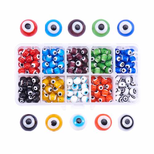 PandaHall Elite 10 Color 8mm Round Evil Eye Lampwork Beads Handmade Beads Assortment Lot for Jewelry Making - about 200pcs/box