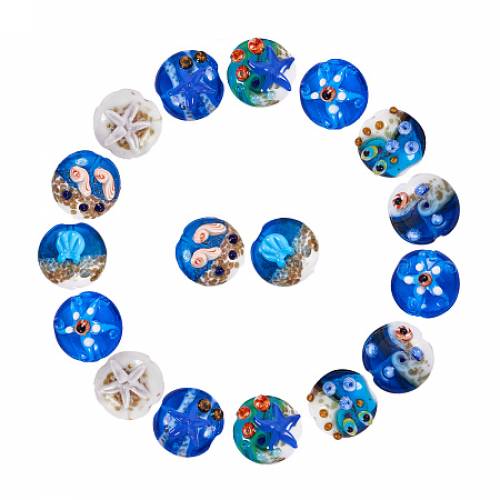 PandaHall Elite 18pcs Ocean Starfish Lampwork Flat Round Glass Beads for Bracelets and Necklaces Jewelry Making - About 20 x 11mm - Hole: 2mm