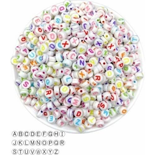 50GR Letter Beads - 4 X7MM Flats White Above Color Letter Beads (50G - ~ 375 Pcs)