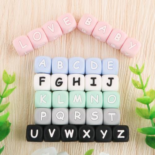 Kovict 10Pcs 12MM Silicone Bead Letters English Alphabet DIY Baby Teether Chewing Pacifier Clip BPA Free Material Pacifier Chain