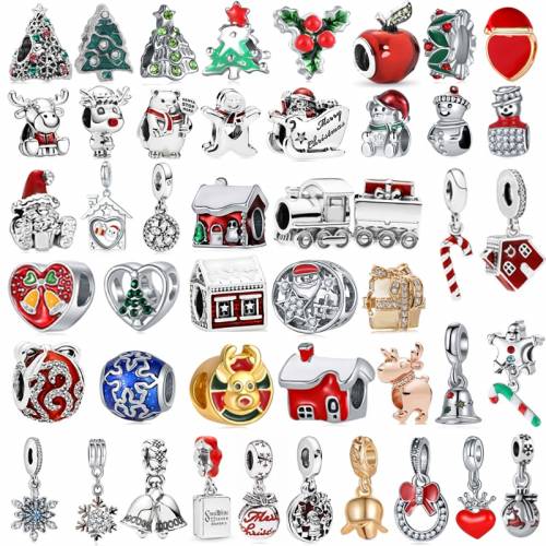Christmas Tree Santa Claus Igloo Elk Snowflake Bell Pendant Fit Pandora Charms Bracelet DIY Women Original Beads Wholesal Custom