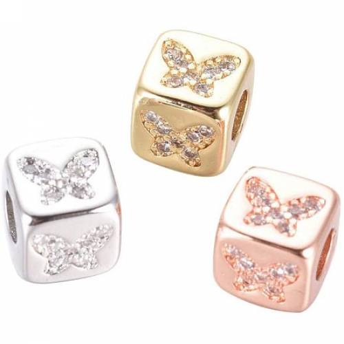 NBEADS 10 Pcs 6mm Brass Micro Pave Cubic Zirconia Beads with Butterfly Pattern - Mixed Color Cube Rhinestone Spacer Beads Loose Connector Charm Beads...
