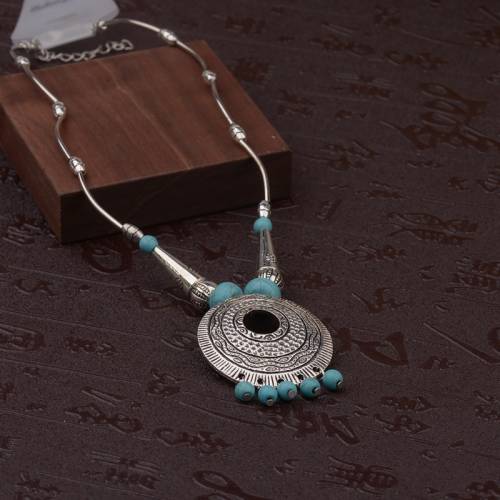 TopHanqi Gypsy Jewelry Bohemian Ethnic Long Chains Necklaces Women Alloy Big Round Shaped With Blue Beads Statement Necklace