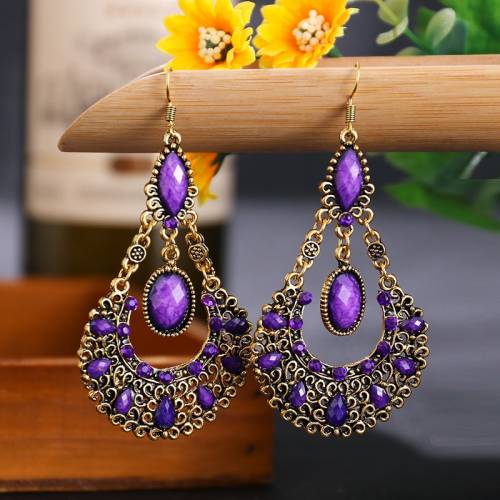 Vintage Gold Metal Water Drop Hollow Long Earrings For Women indian Jewelry Thailand Ethnic Purple Stone Beaded Earrings Hangers
