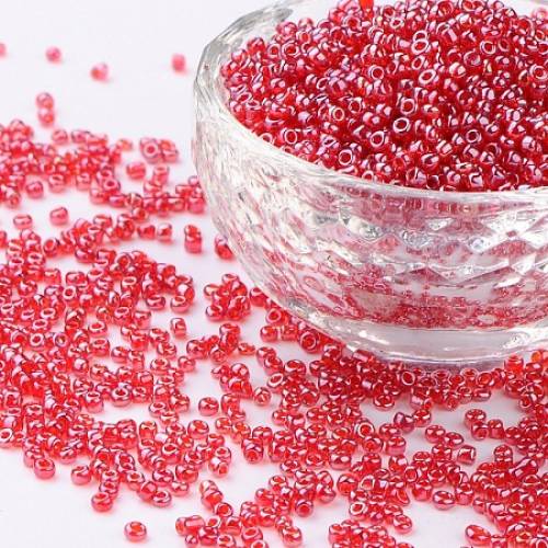 ORNALAND 12/0 Glass Seed Beads - Transparent Colours Lustered - Round - Crimson - 2mm - Hole: 1mm; about 12000pcs/bag