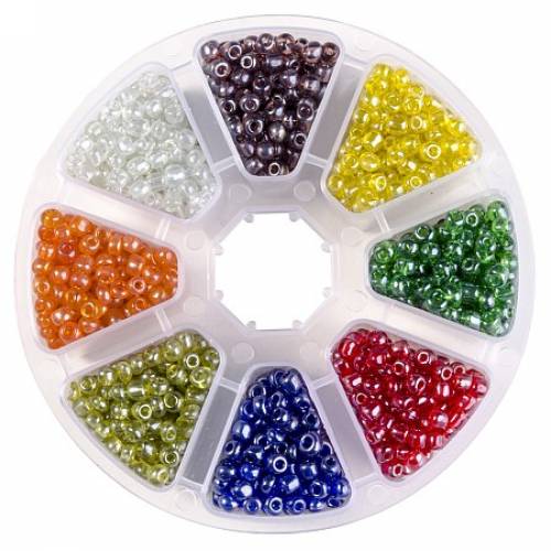 PandaHall Elite Multicolor 6/0 Diameter 4mm Lustered Transparent Round Glass Seed Beads with Box Set Value Pack - about 1440pcs/box
