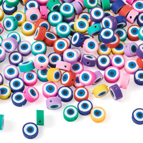 200pcs 10mm Evil Eye Handmade Polymer Clay Beads Colorful Flat Round Loose Spacer Beads Fit Jewelry DIY Bracelet Necklace Supply