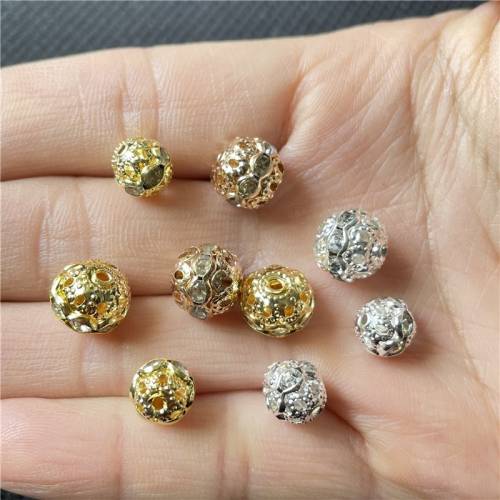 JunKang 20pcs 8mm 10mm Metal Plated Crystal Rhinestone Round Ball Spacer Loose Beads For Jewelry Making DIY Bracelet Necklace
