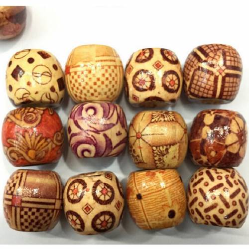 100PC Mix Wooden Bead Tribal Patterned Wood Beads Macrame For DIY Jewelry Making