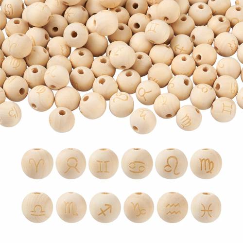 120Pcs 16MM Natural Wood European Beads 12 Constellation Pattern Wooden Round Spacer Bead For Bracelet DIY Craft Jewelry Making