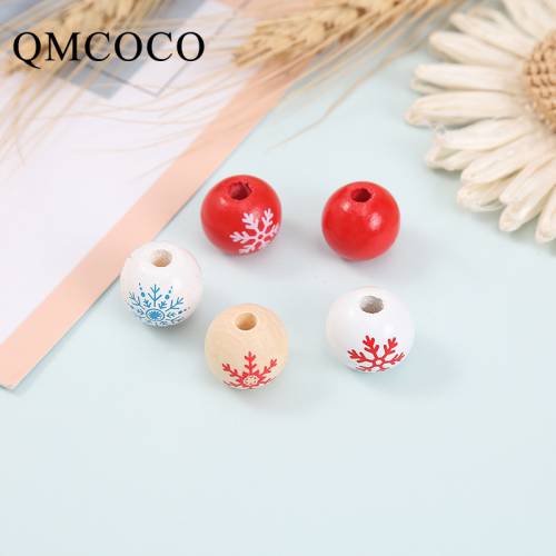 20Pcs 16MM Christmas DIY Printed Snowflake Ronud Ball Wooden Beads Custom Fashion Crafts Kid Toy Jewelry Bracelet Accessories