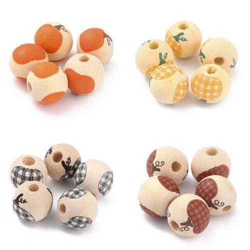 50pcs Halloween Natural Wooden Beads Round with Pumpkin Pattern Spacer Wood Beads for Jewelry Making Fall Garland Decor 16X15mm