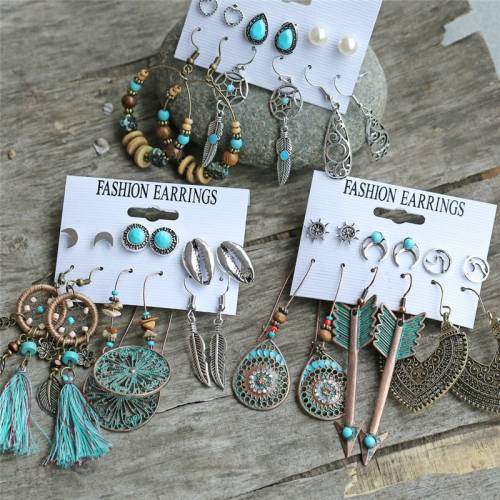 6Pcs/Set Fashion Ethnic Beads Drop Earrings Set For Women Feather Acrylic Metal Wood Dangle Earring 2020 Vintage Jewelry Gift
