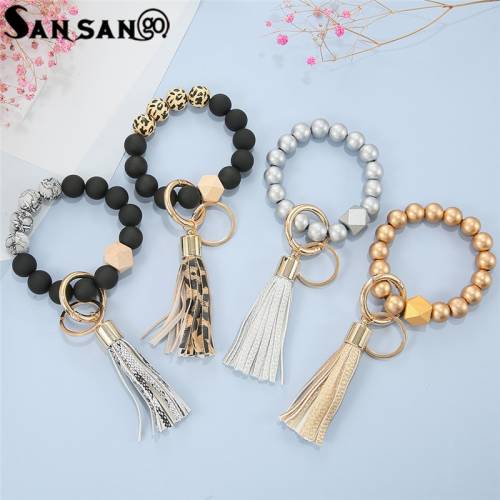 Beaded Bracelet Keychains For Women Wooden Beads Keychian Keyring Tassel Pendant Fashion Jewelry Accessories