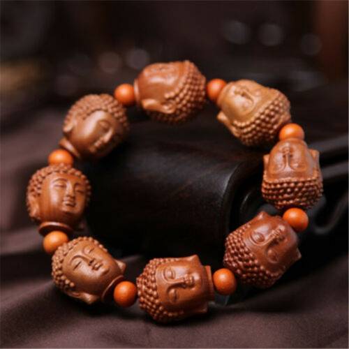 Buddha Head Prayer Beads Chinese Wood Carving Sculpture Bracelet Hand Strings