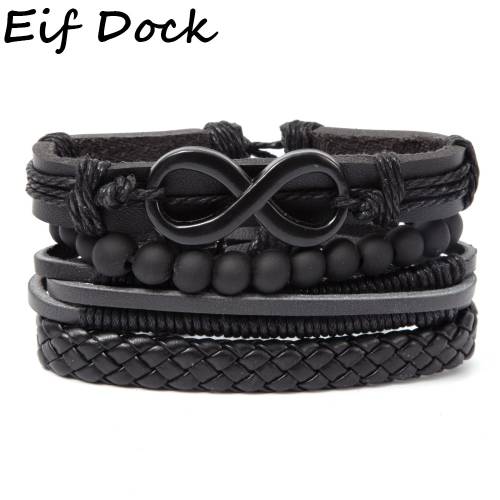 Eif Dock Mix 4Pcs/ Set Braided Wrap Infinity Leather Bracelets for Men Women Vintage Wooden Beads Ethnic Wristbands Bracelet